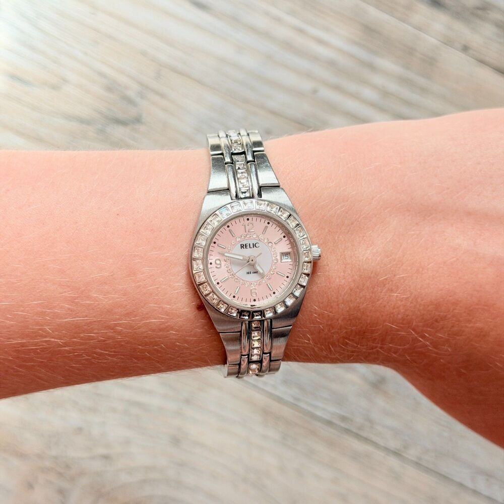Relic Pink Dial Silver Tone Rhinestone Watch Y2K Glam Crystal Bracelet Date